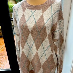 Christian Siriano | Argyle Print Beige & Cream Long Sleeve Sweater SZ L